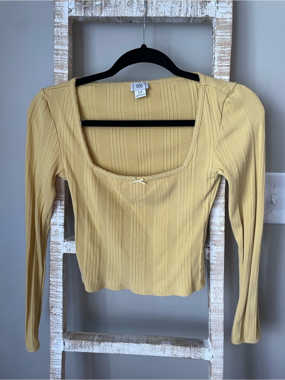 BDG Ribbed Square Neck Long Sleeve Top in Mustard